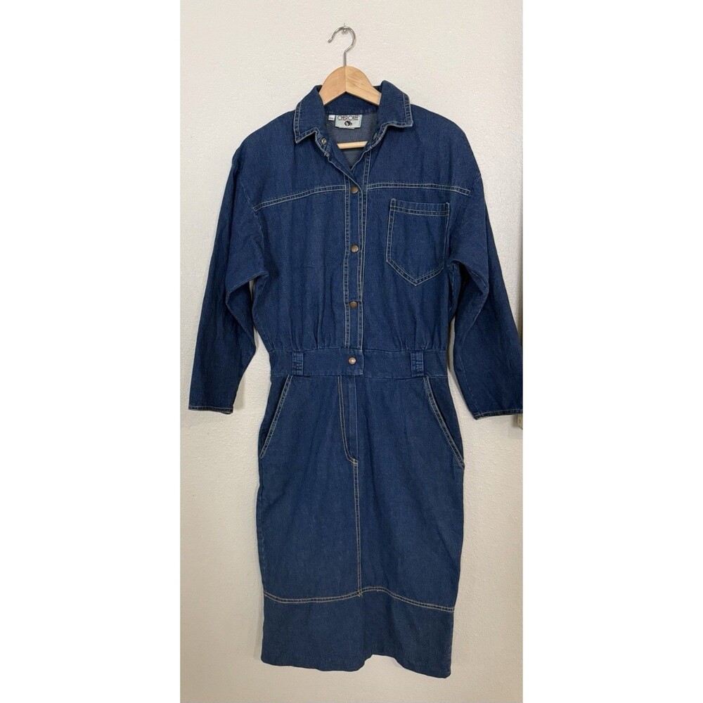 Vintage Cherokee Fit & Flare Dress Womens 11/12 Blue Denim Cotton Snap Front